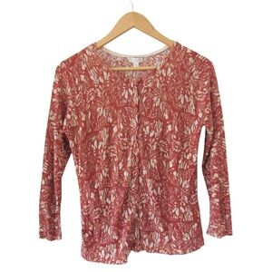 Garnet Hill Signature Eco Merino Wool Cardigan Small Rust Orange Cream Flaw